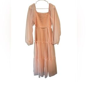 Listicle Pink Tulle Smocked Puff Sleeve Dress Womens Medium Tiered Cottagecore